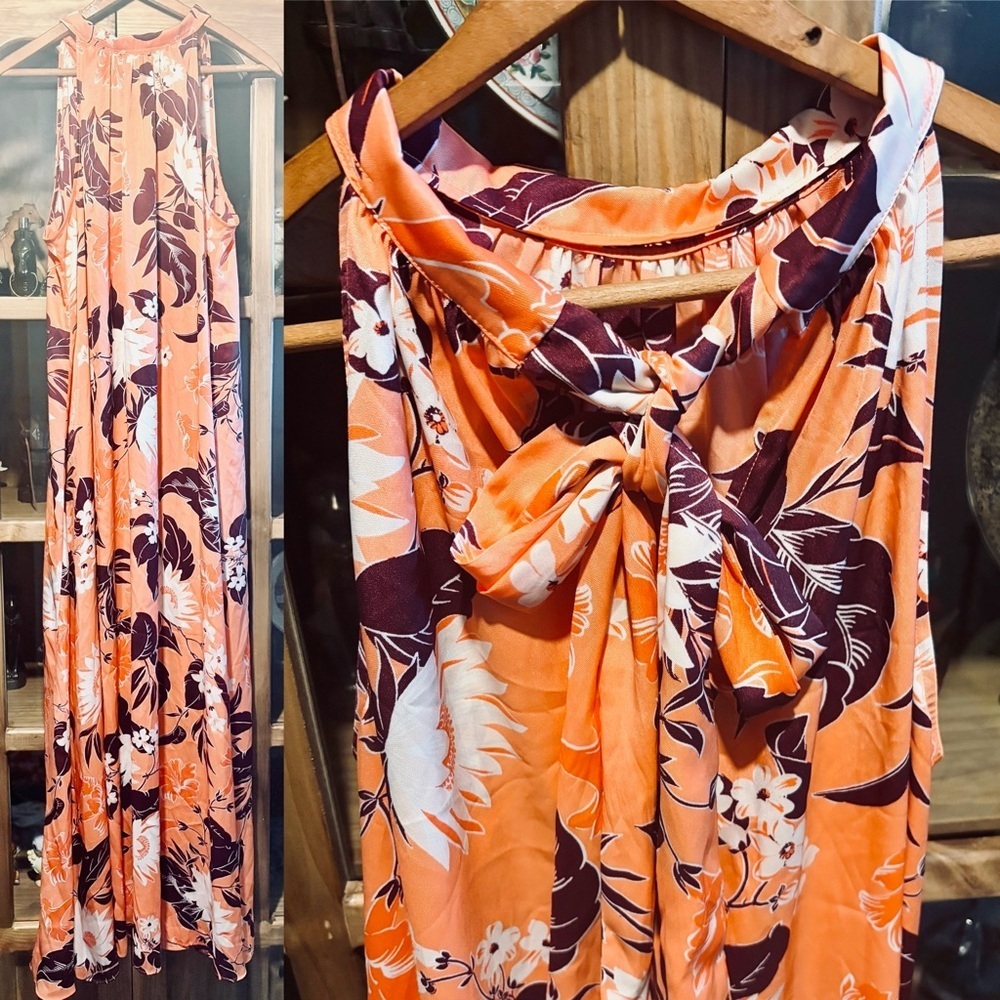 Ann Taylor Factory Orange Floral Tie-Neck Maxi Dress Size Large